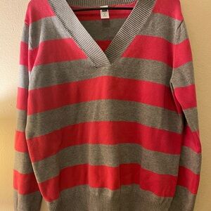 Women’s GAP Y2K Vintage Striped V Neck Hot Pink And Grey Sweater SzXL